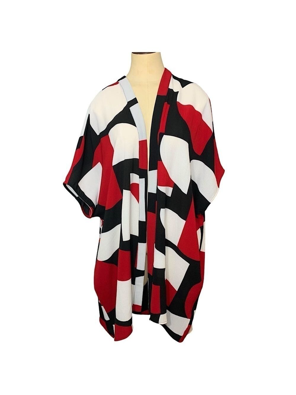 Compli K  Kimono Cardigan Oversize Lagenlook Abstract Print Black Red White Sz S